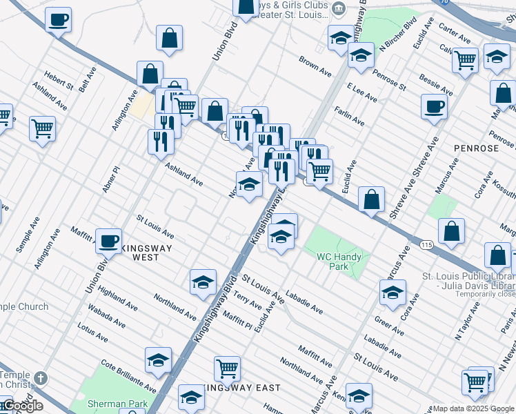 map of restaurants, bars, coffee shops, grocery stores, and more near 5020 Lexington Avenue in St. Louis