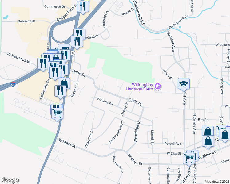map of restaurants, bars, coffee shops, grocery stores, and more near 800 Ostle Drive in Collinsville