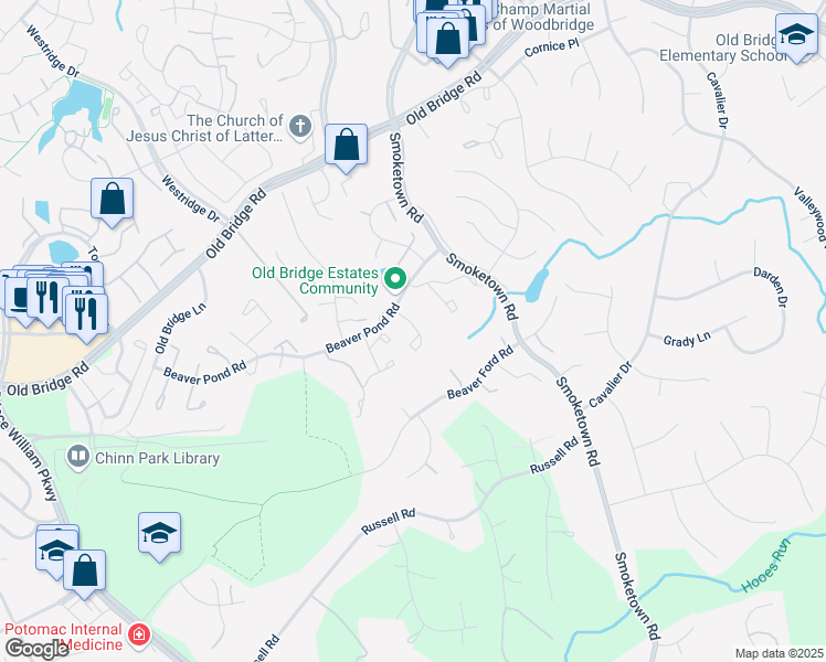 map of restaurants, bars, coffee shops, grocery stores, and more near 3627 Woodhaven Court in Woodbridge
