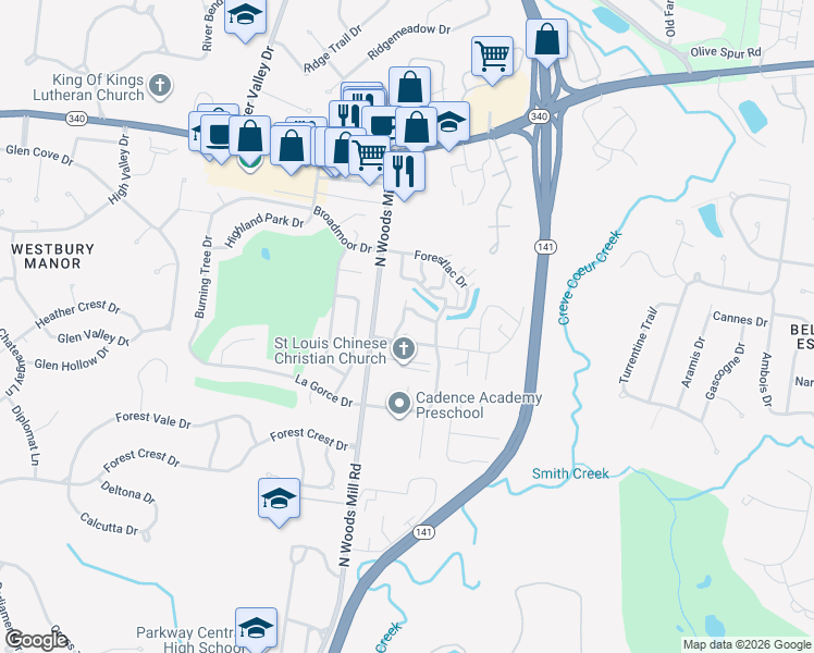 map of restaurants, bars, coffee shops, grocery stores, and more near 13467 Land O Woods Drive in Chesterfield