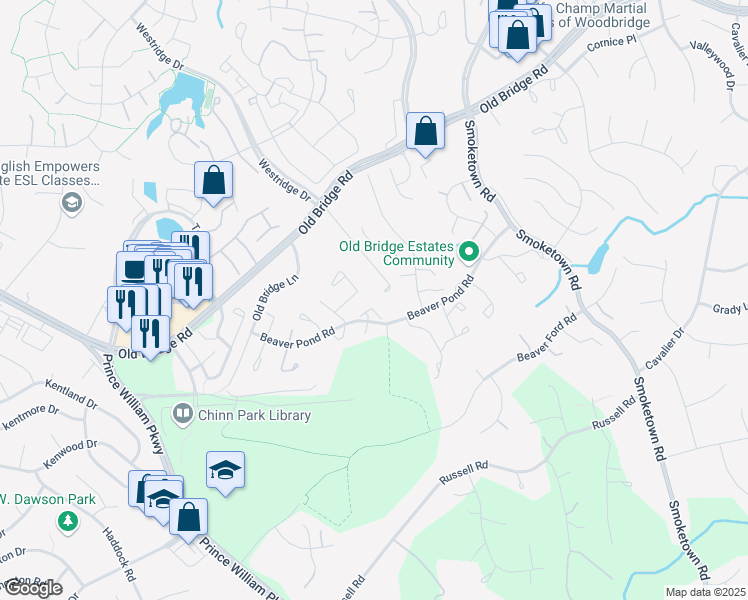 map of restaurants, bars, coffee shops, grocery stores, and more near 12854 Bison Court in Woodbridge