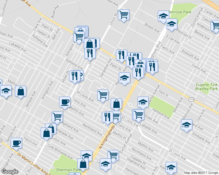 map of restaurants, bars, coffee shops, grocery stores, and more near 5117 Greer Avenue in St. Louis