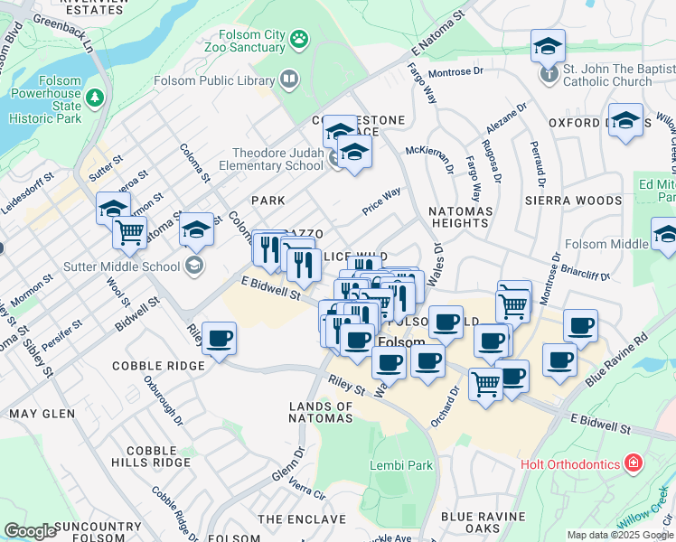 map of restaurants, bars, coffee shops, grocery stores, and more near 1031 Duchow Way in Folsom