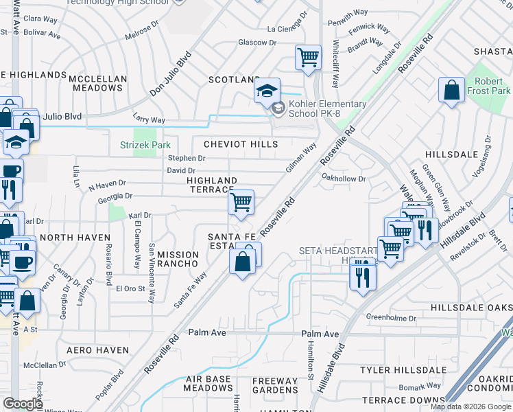map of restaurants, bars, coffee shops, grocery stores, and more near 5967 Gilman Way in North Highlands