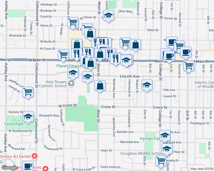map of restaurants, bars, coffee shops, grocery stores, and more near 12 Jefferson Street in Woodland