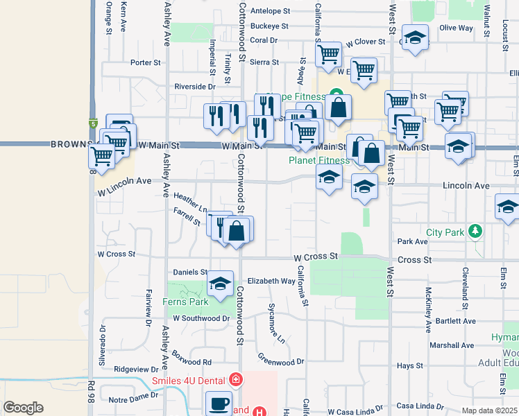 map of restaurants, bars, coffee shops, grocery stores, and more near 521 Cottonwood Street in Woodland