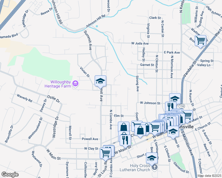 map of restaurants, bars, coffee shops, grocery stores, and more near 609 North Combs Avenue in Collinsville