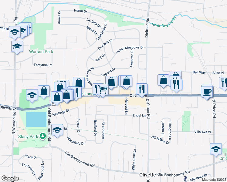 map of restaurants, bars, coffee shops, grocery stores, and more near 9495a Olive Saint Road in Olivette