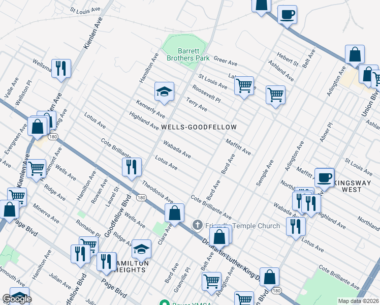 map of restaurants, bars, coffee shops, grocery stores, and more near 5649 Wabada Avenue in St. Louis