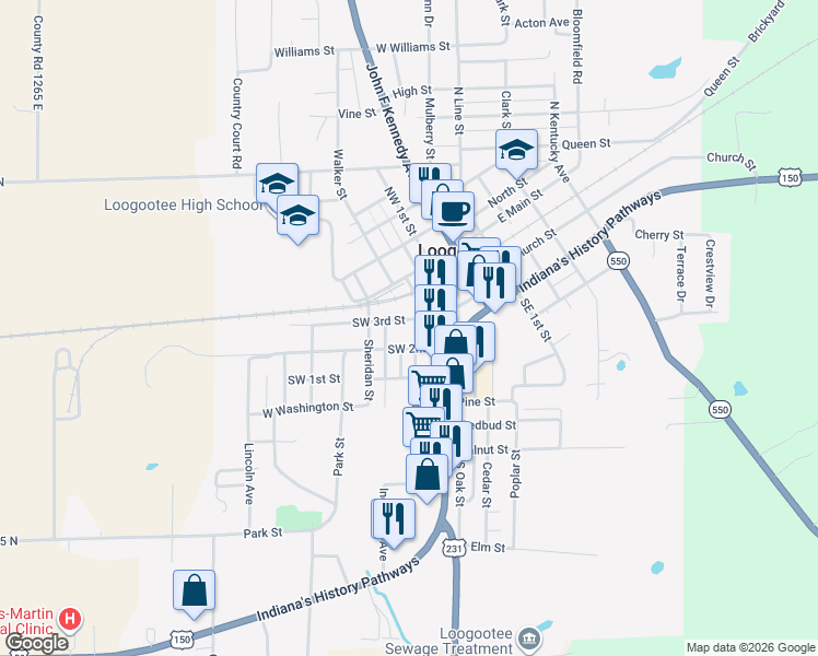 map of restaurants, bars, coffee shops, grocery stores, and more near 202 Grant Street in Loogootee