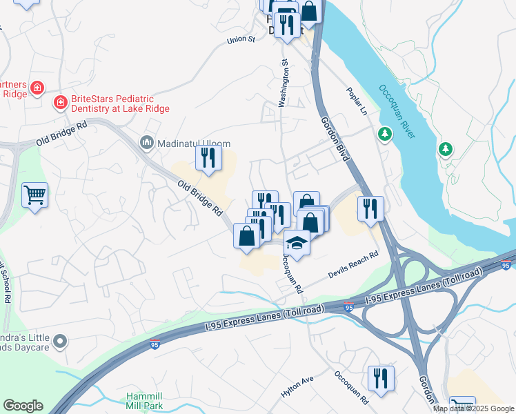map of restaurants, bars, coffee shops, grocery stores, and more near 1579 Renate Drive in Woodbridge
