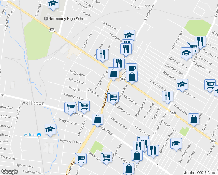 map of restaurants, bars, coffee shops, grocery stores, and more near 6209 Ridge Avenue in St. Louis
