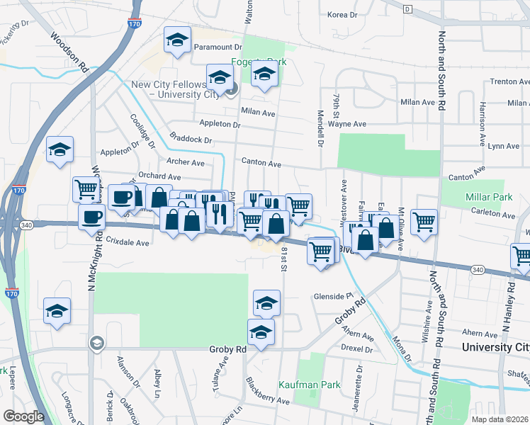map of restaurants, bars, coffee shops, grocery stores, and more near 8128 Vardaman Avenue in St. Louis