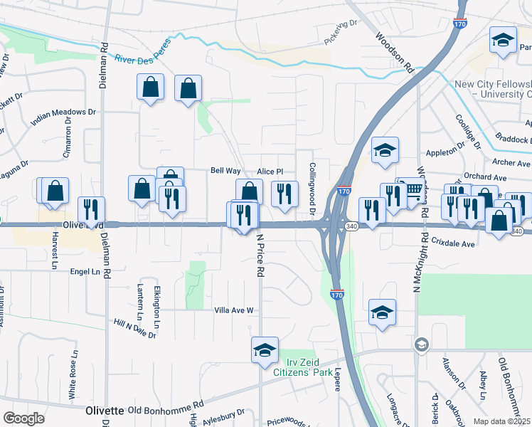 map of restaurants, bars, coffee shops, grocery stores, and more near 9141 Olive Boulevard in Olivette