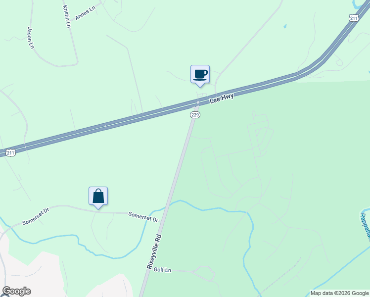 map of restaurants, bars, coffee shops, grocery stores, and more near Virginia 229 in Warrenton