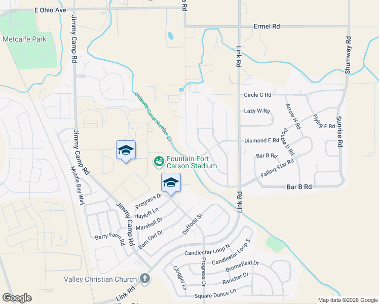 map of restaurants, bars, coffee shops, grocery stores, and more near 11245 Falling Star Road in Fountain