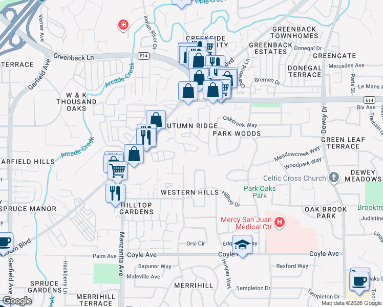 map of restaurants, bars, coffee shops, grocery stores, and more near 6170 Shadow Lane in Citrus Heights