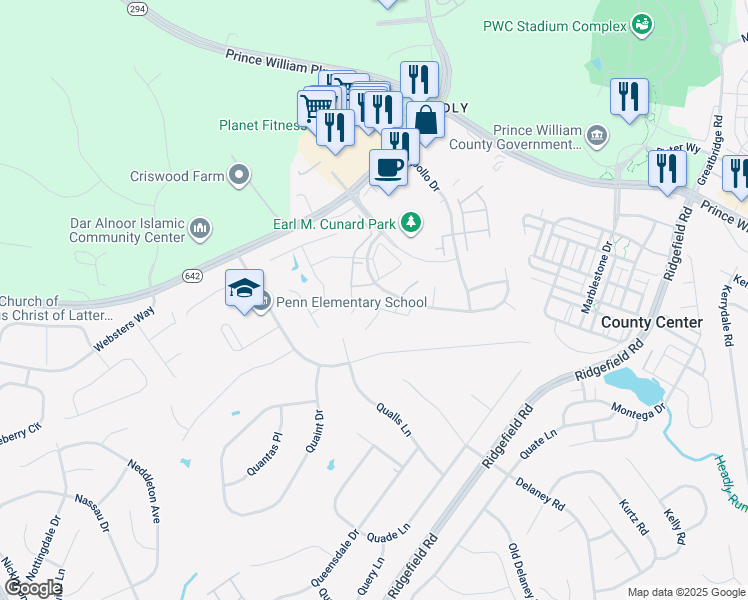 map of restaurants, bars, coffee shops, grocery stores, and more near 12877 Hyannis Lane in Woodbridge
