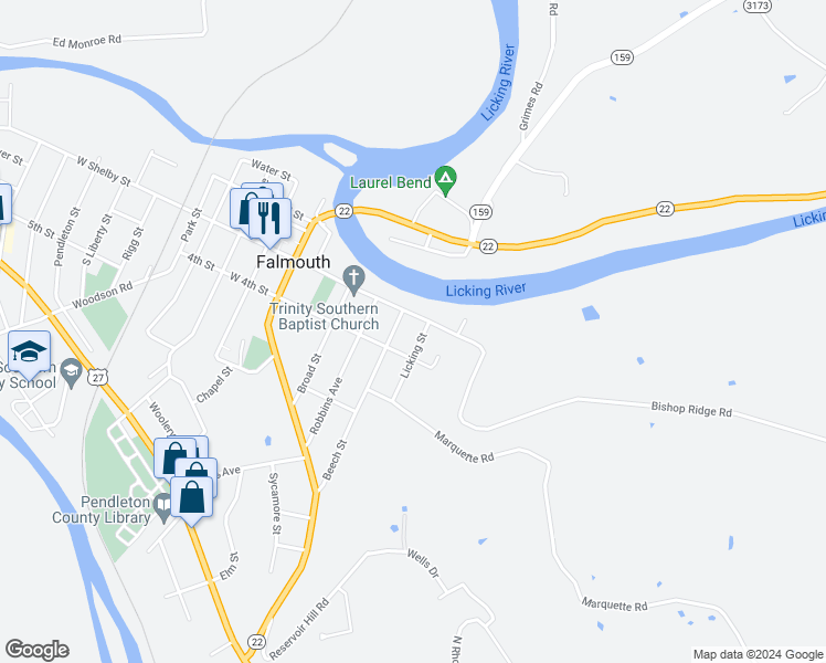 map of restaurants, bars, coffee shops, grocery stores, and more near 301 Licking Street in Falmouth