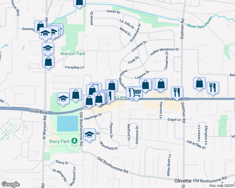 map of restaurants, bars, coffee shops, grocery stores, and more near 1116 Indian Circle Drive in Olivette
