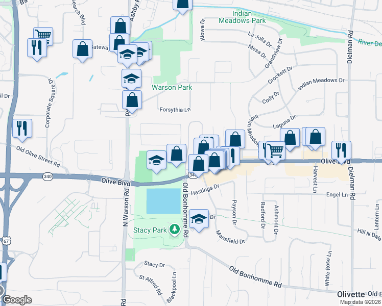 map of restaurants, bars, coffee shops, grocery stores, and more near 1124 Bonhomme Lake Drive in Olivette