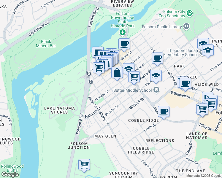 map of restaurants, bars, coffee shops, grocery stores, and more near Mormon Street & Decatur Street in Folsom