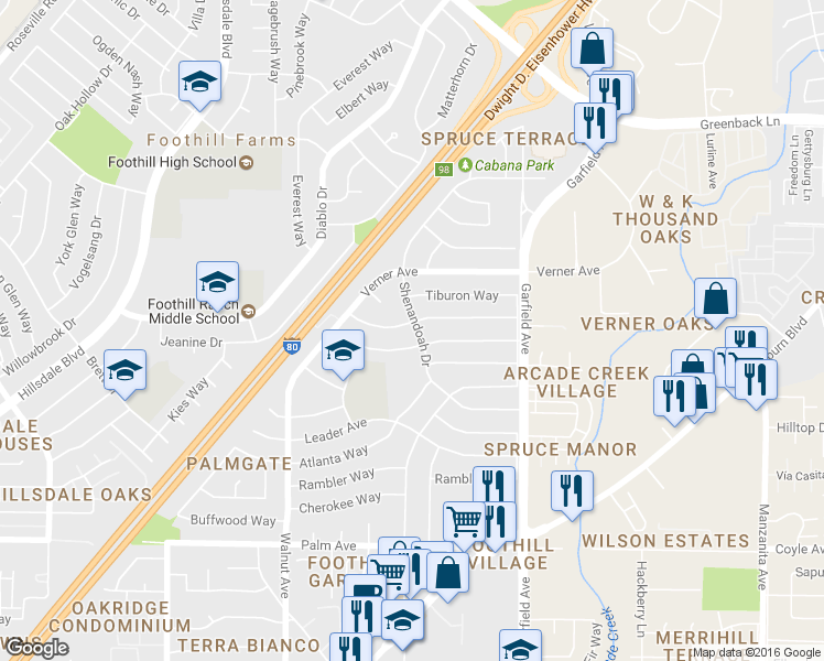 map of restaurants, bars, coffee shops, grocery stores, and more near 5244 Calistoga Way in Sacramento