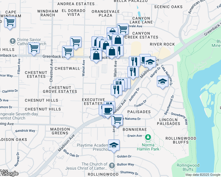 map of restaurants, bars, coffee shops, grocery stores, and more near 9396 River Oaks Lane in Orangevale