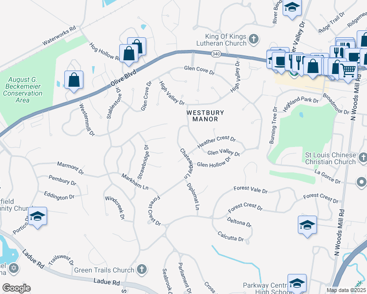 map of restaurants, bars, coffee shops, grocery stores, and more near 295 Chateaugay Lane in Chesterfield