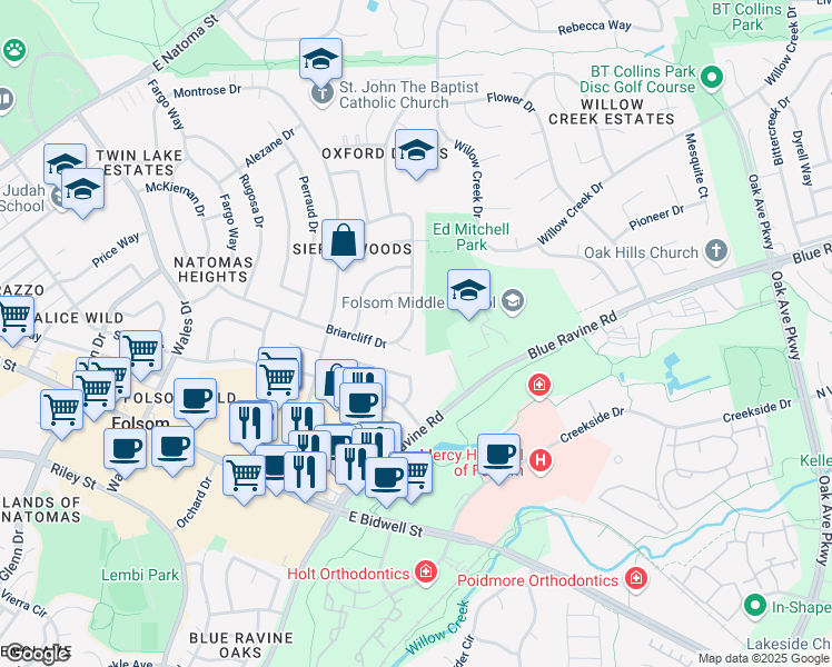 map of restaurants, bars, coffee shops, grocery stores, and more near 197 Briarcliff Drive in Folsom