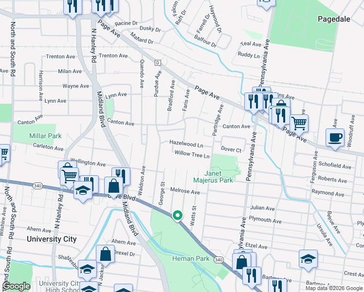 map of restaurants, bars, coffee shops, grocery stores, and more near 7158 Hazelwood Lane in University City