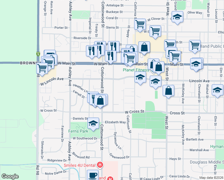 map of restaurants, bars, coffee shops, grocery stores, and more near 514 Community Lane in Woodland