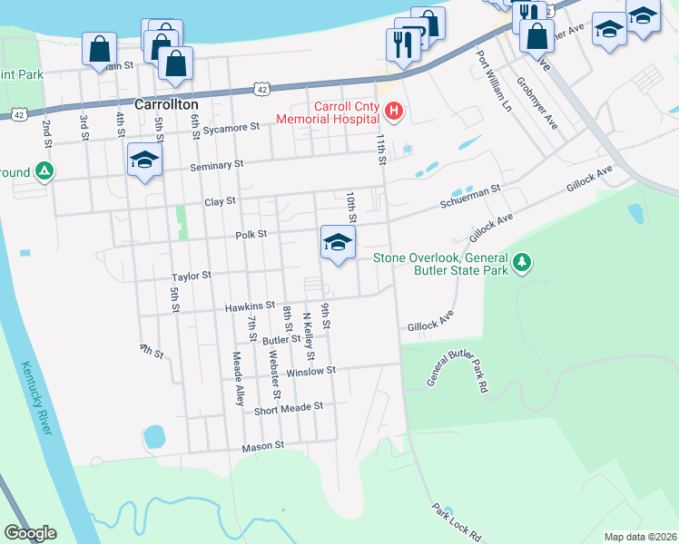 map of restaurants, bars, coffee shops, grocery stores, and more near 907 Hawkins Street in Carrollton