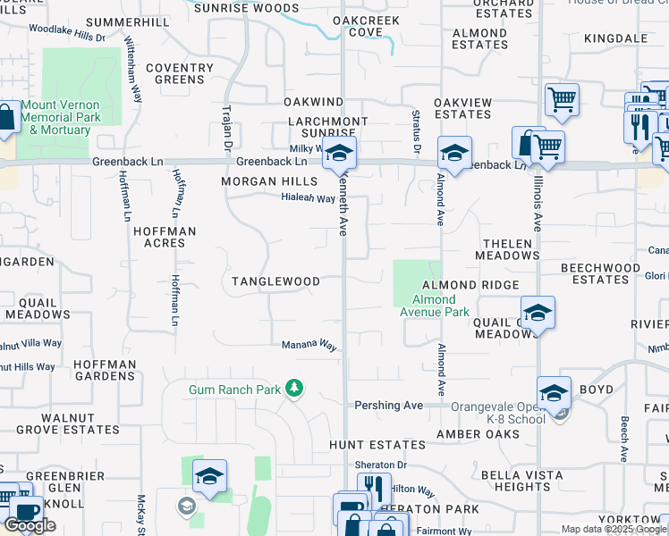 map of restaurants, bars, coffee shops, grocery stores, and more near 8461 Bonita Downs Drive in Fair Oaks