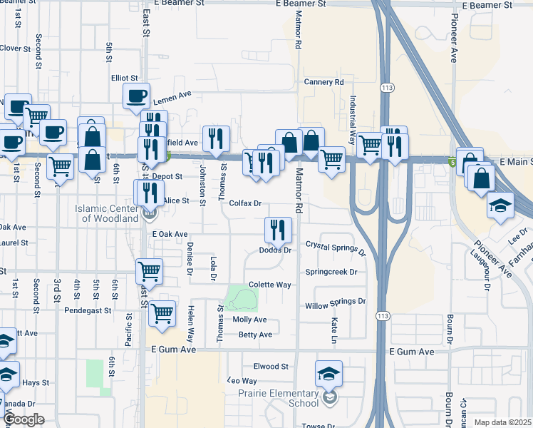 map of restaurants, bars, coffee shops, grocery stores, and more near 540 Geoffrey Street in Woodland