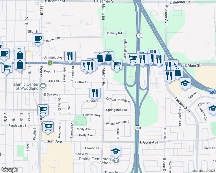 map of restaurants, bars, coffee shops, grocery stores, and more near 575 Matmor Road in Woodland