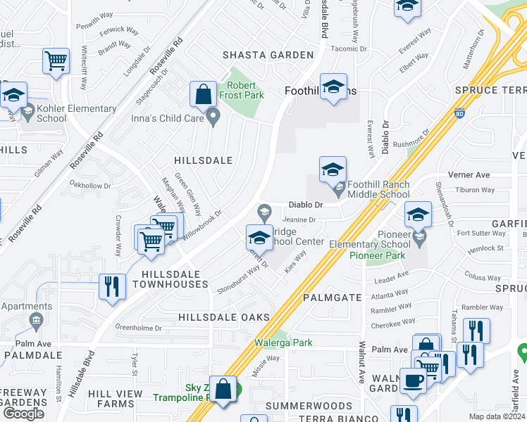 map of restaurants, bars, coffee shops, grocery stores, and more near 5999 Revelstok Drive in Sacramento