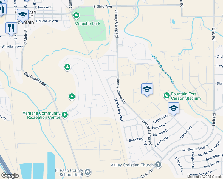 map of restaurants, bars, coffee shops, grocery stores, and more near 7524 Middle Bay Way in Fountain