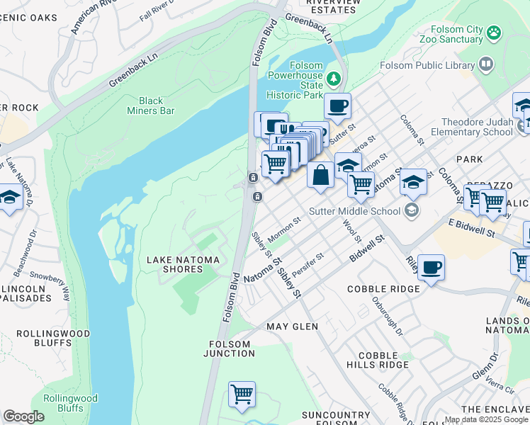 map of restaurants, bars, coffee shops, grocery stores, and more near 1010 Figueroa Street in Folsom