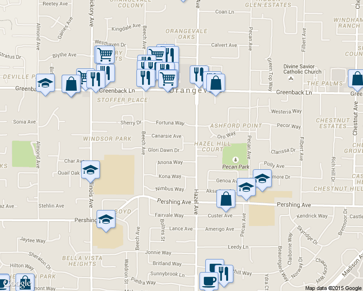 map of restaurants, bars, coffee shops, grocery stores, and more near 8863 Glori Dawn Drive in Orangevale
