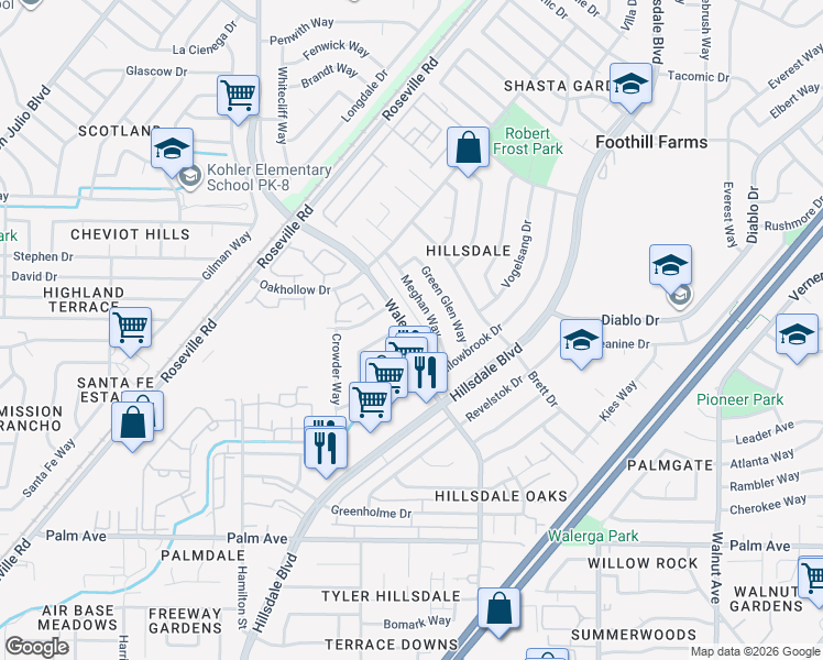 map of restaurants, bars, coffee shops, grocery stores, and more near 5900 Walerga Road in Sacramento