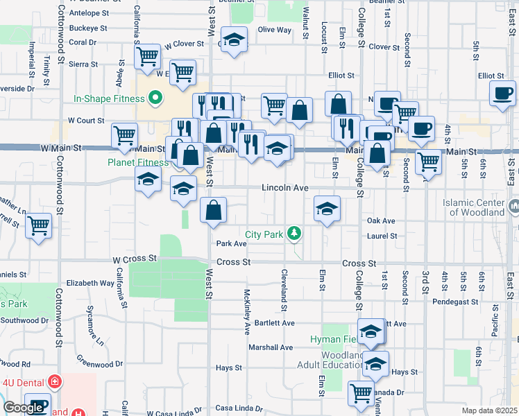 map of restaurants, bars, coffee shops, grocery stores, and more near 542 Saunders Way in Woodland