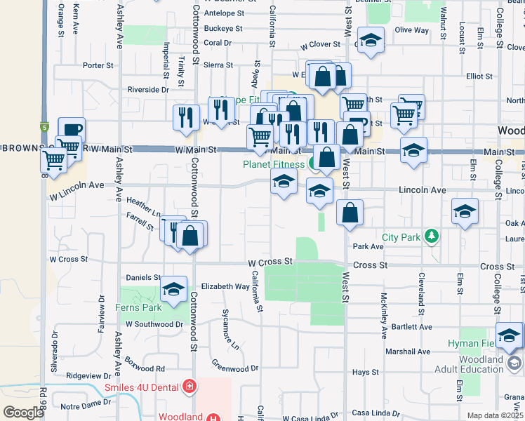 map of restaurants, bars, coffee shops, grocery stores, and more near 548 California Street in Woodland