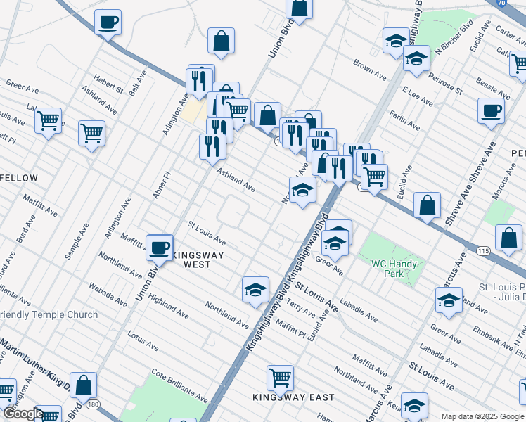 map of restaurants, bars, coffee shops, grocery stores, and more near 5117 Greer Avenue in St. Louis