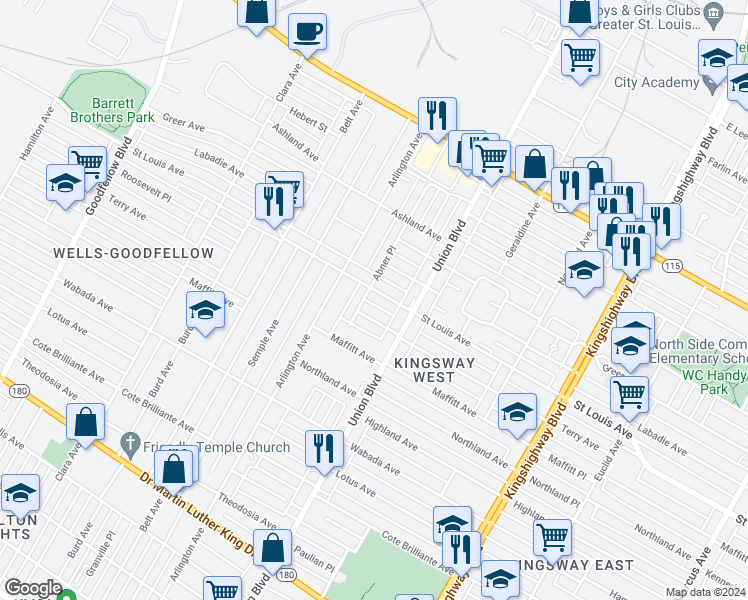 map of restaurants, bars, coffee shops, grocery stores, and more near 5351 Terry Avenue in St. Louis