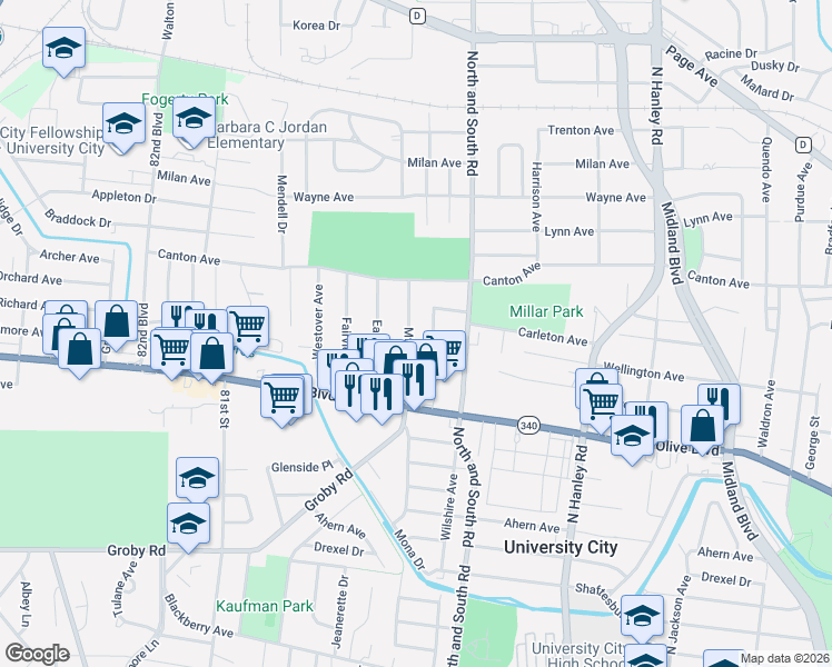 map of restaurants, bars, coffee shops, grocery stores, and more near 7728 Wellington Avenue in University City