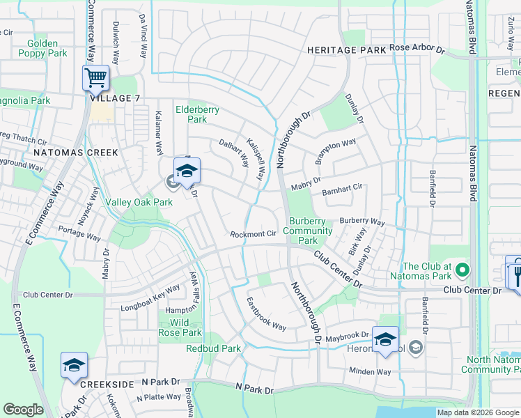 map of restaurants, bars, coffee shops, grocery stores, and more near 170 Rockmont Circle in Sacramento