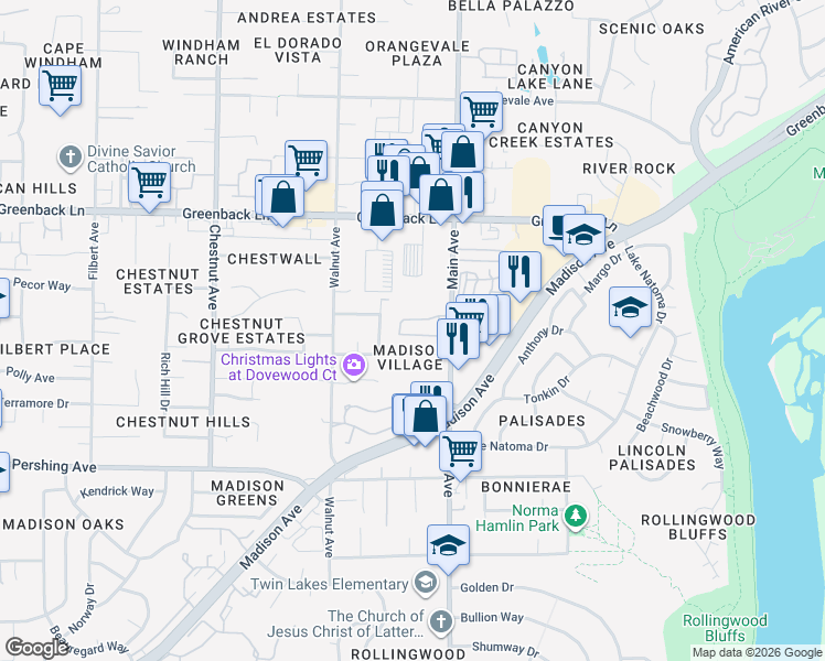 map of restaurants, bars, coffee shops, grocery stores, and more near 9318 River Oaks Lane in Orangevale