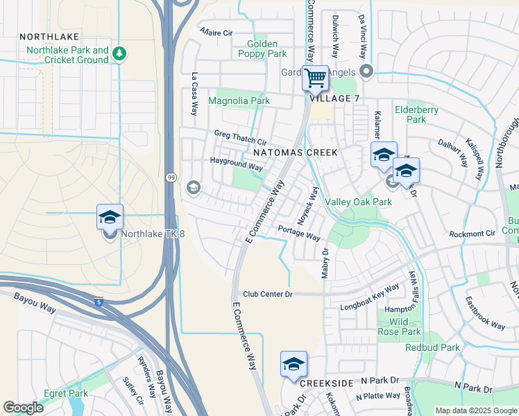 map of restaurants, bars, coffee shops, grocery stores, and more near 18 Beachcomber Place in Sacramento