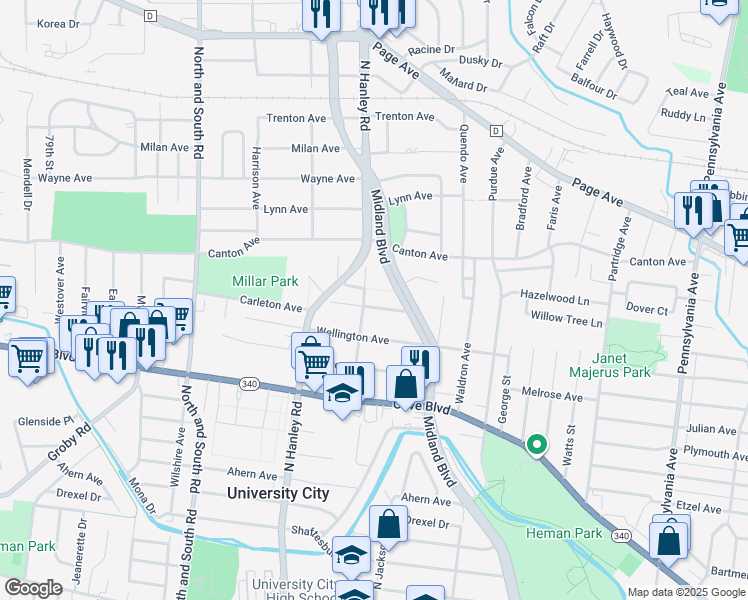 map of restaurants, bars, coffee shops, grocery stores, and more near 7369 Carleton Avenue in University City